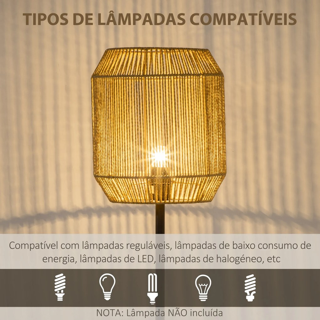 Candeeiro de Pé para Sala de Estar Lâmpada E27 Máx. 40W Candeeiro de Pé com Ecrã de Corda de Papel e Interruptor de Pé para Cozinha Dormitório Ø26x158