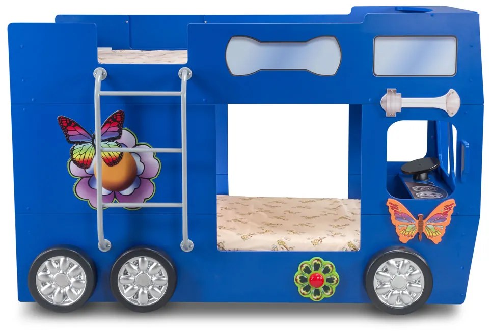 Cama para criança Beliche Autocarro 207 x 116 x 150 cm com Luzes LED 2 colchões e estrados incluídos, capacidade de 100 kg Azul