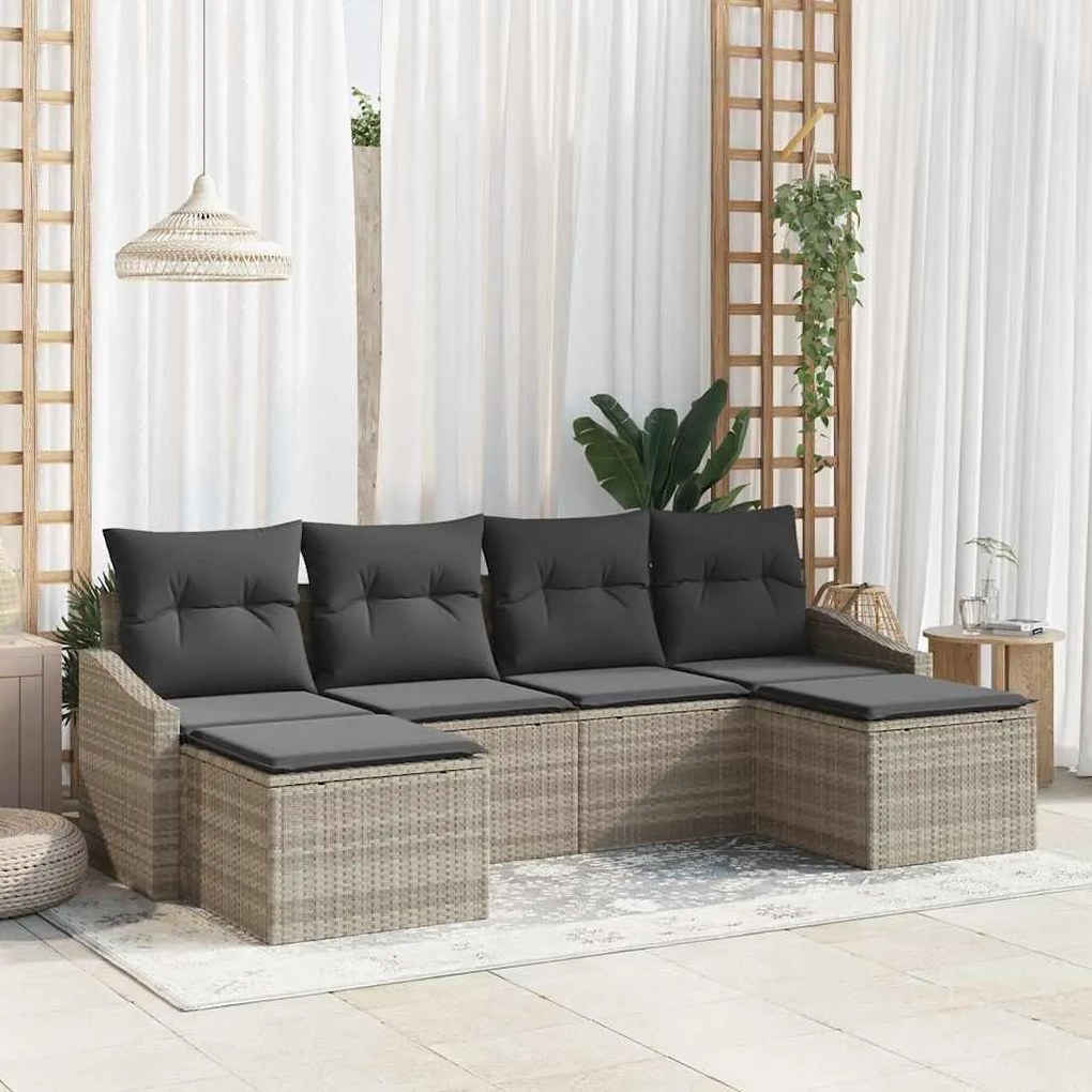 vidaXL Sofá de Jardim 6 Peças com Almofadas Cinza Claro em Rattan