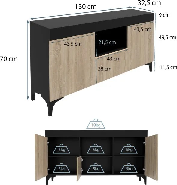 Aparador Koi – 130x32,5x58 cm – Preto e Sonoma Mate – 3 Portas + Nicho