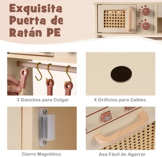 Cozinha de brincar em madeira 60 x 30 x 91 cm para crianças com luzes, sons, fogão, máquina de gelo, cafeteira, lava-loiça e portas em rattan – a part
