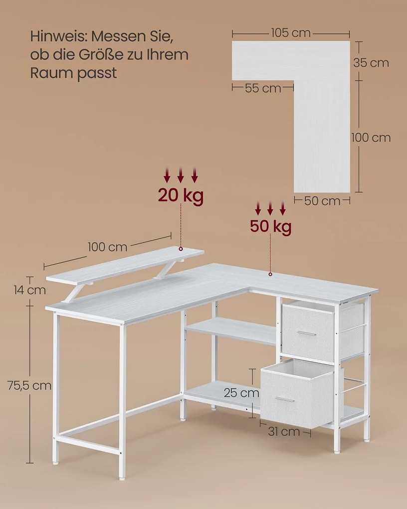 Secretária em forma de L 105 x 135 x 89,5 cm com 2 gavetas e suporte para monitor branco
