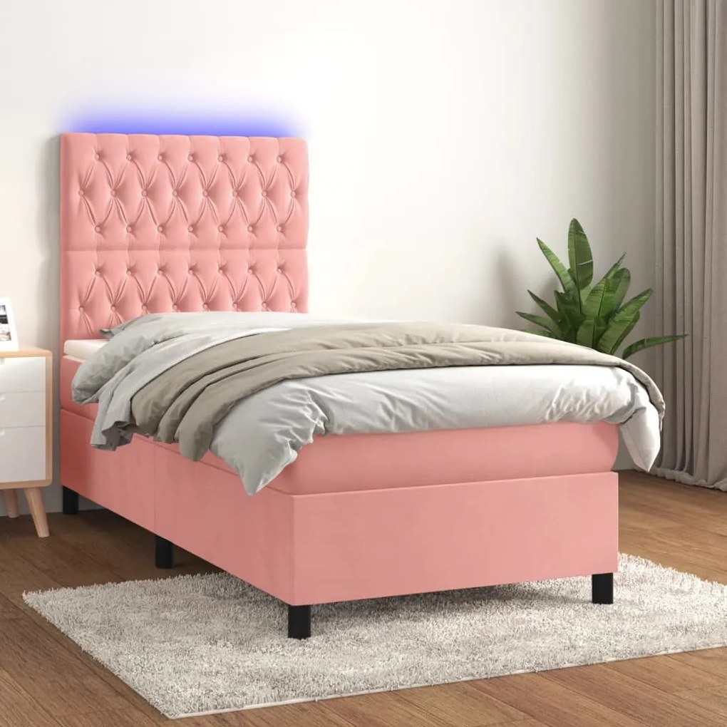 Cama box spring c/ colchão/LED 90x200 cm veludo rosa