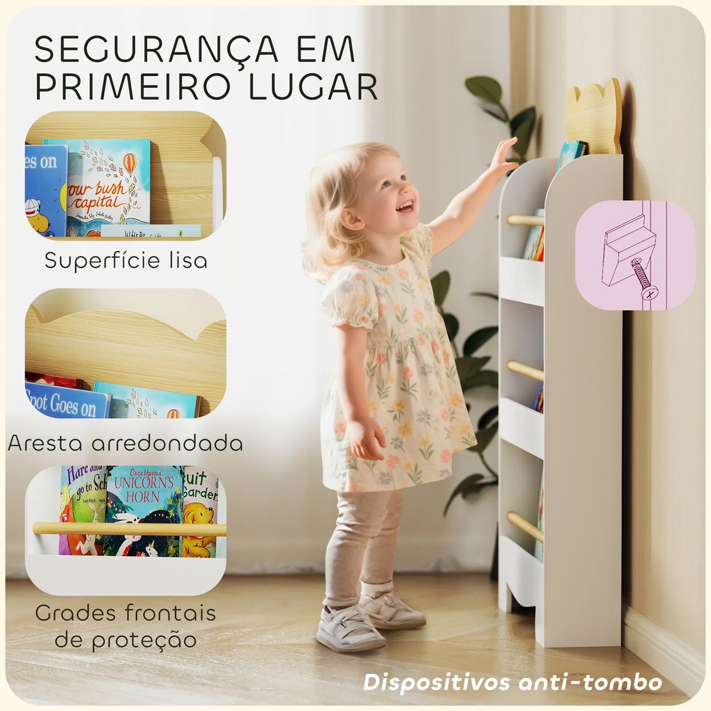 Estante Infantil de 3 Níveis Estante para Livros Infantil Desenho de Ursinho 55x15x110 cm Branco e Madeira