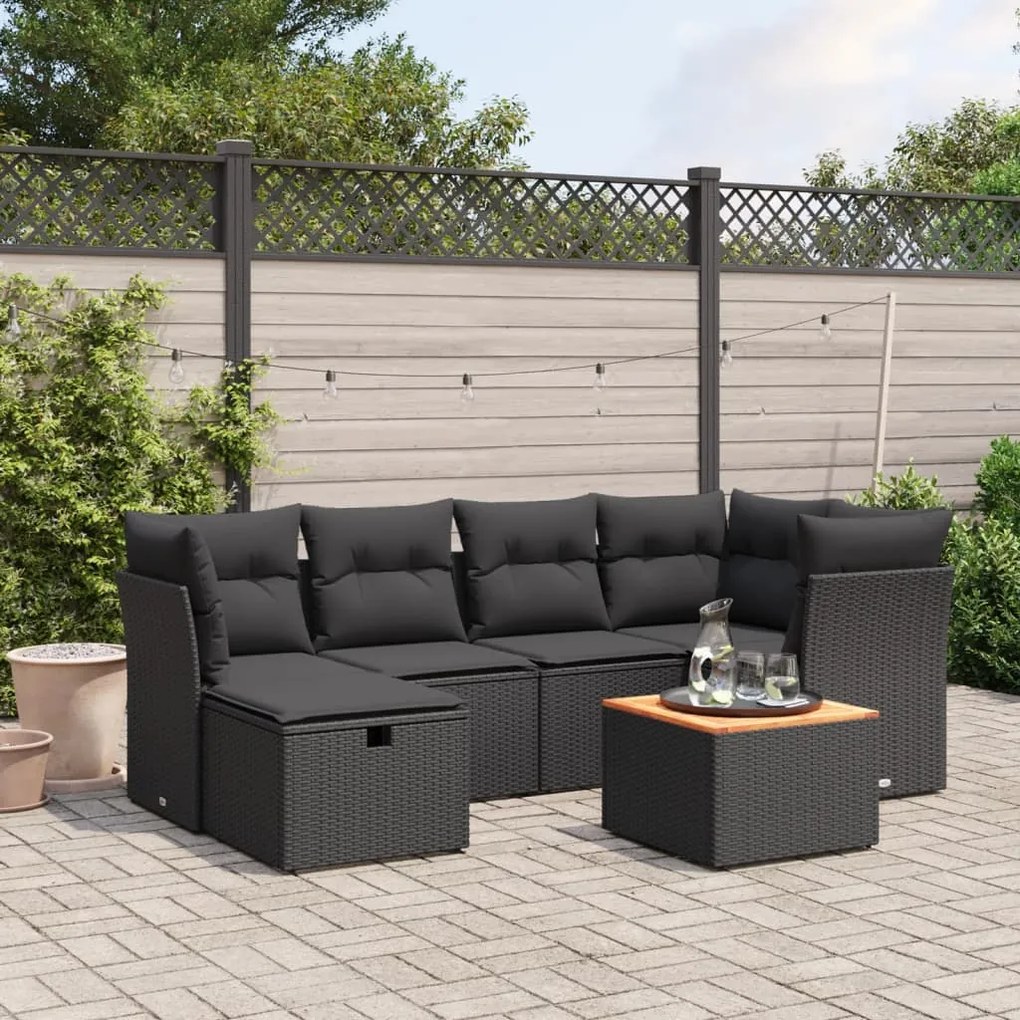 vidaXL 7 pcs conjunto de sofás p/ jardim c/ almofadões vime PE preto
