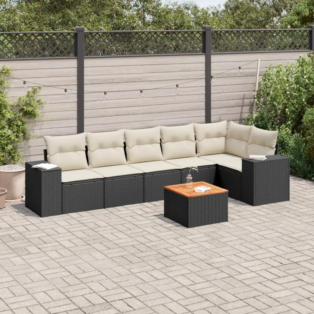 7 pcs conjunto de sofás p/ jardim c/ almofadões vime PE preto
