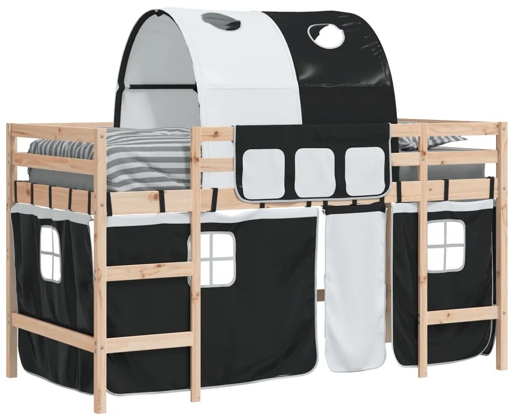 Cama alta criança c/ túnel 90x190 cm pinho maciço branco/preto