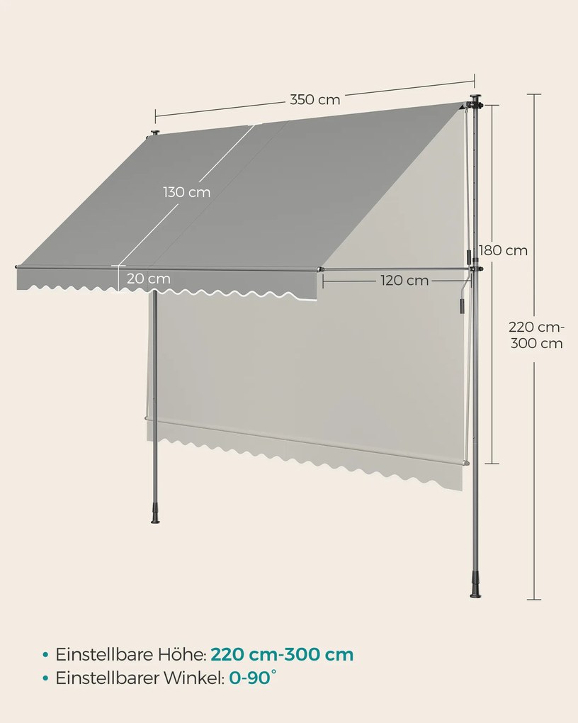 Toldo retrátil jardim de fixação com manivela 350 x 120 cm cinzento