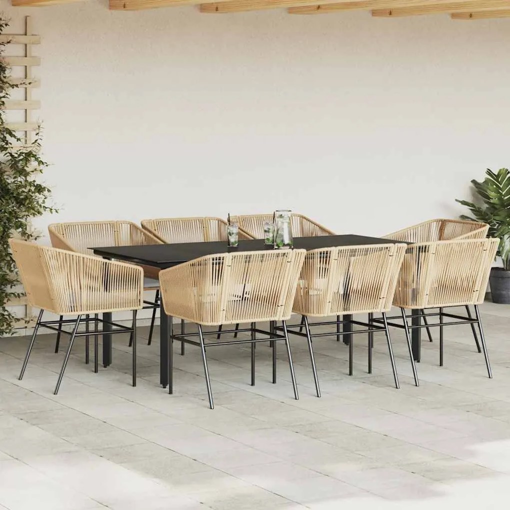 Conjunto jantar jardim 9 peças almofadas vidro vime PE castanho