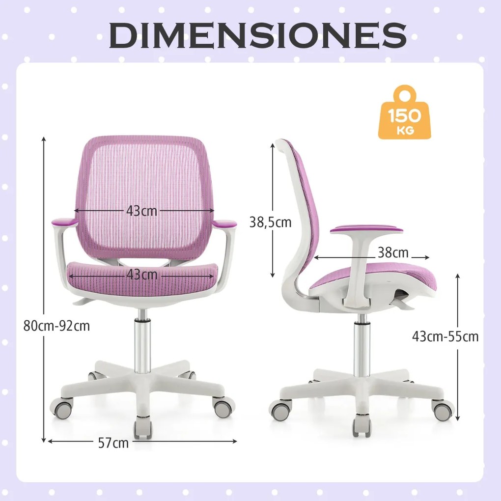 Cadeira giratória para secretária para crianças com altura ajustável, rodas com travões e apoios de braços macios, design ergonómico para 6-14 anos Pú
