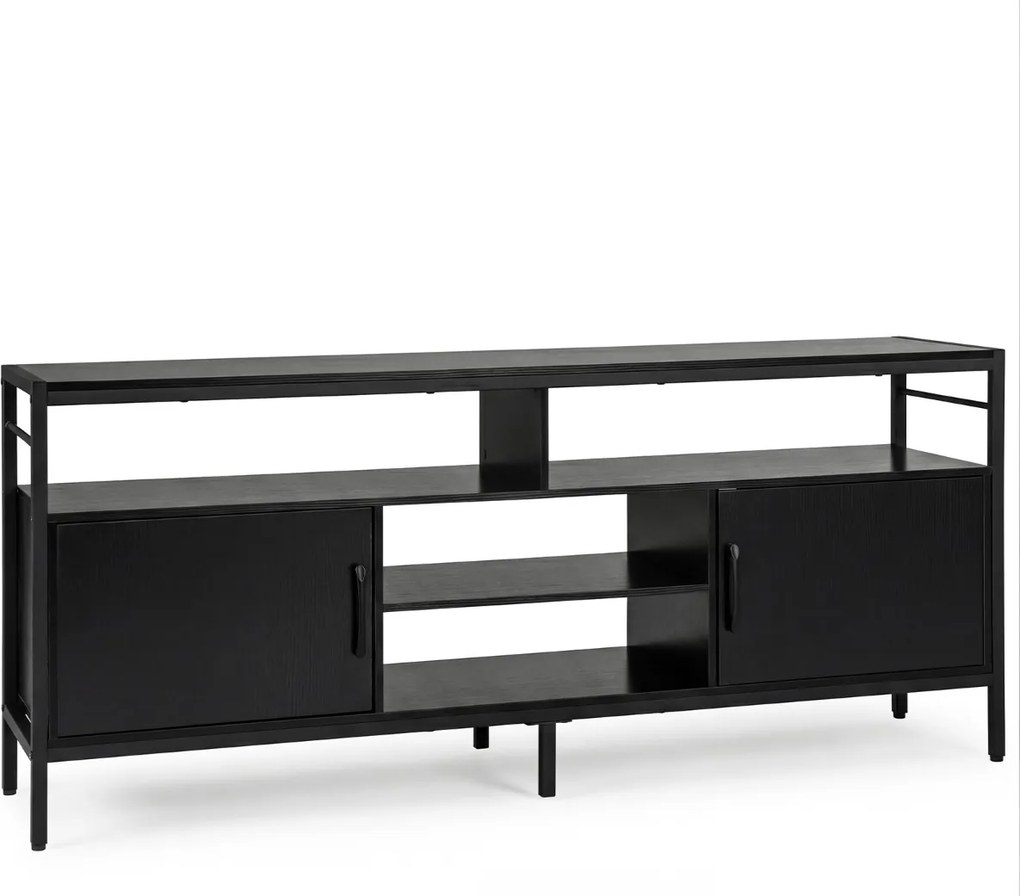 Móvel para TV até 65" com 2 armários e 4 prateleiras abertas, em madeira com pés de metal 147 x 35 x 63,5 cm Preto
