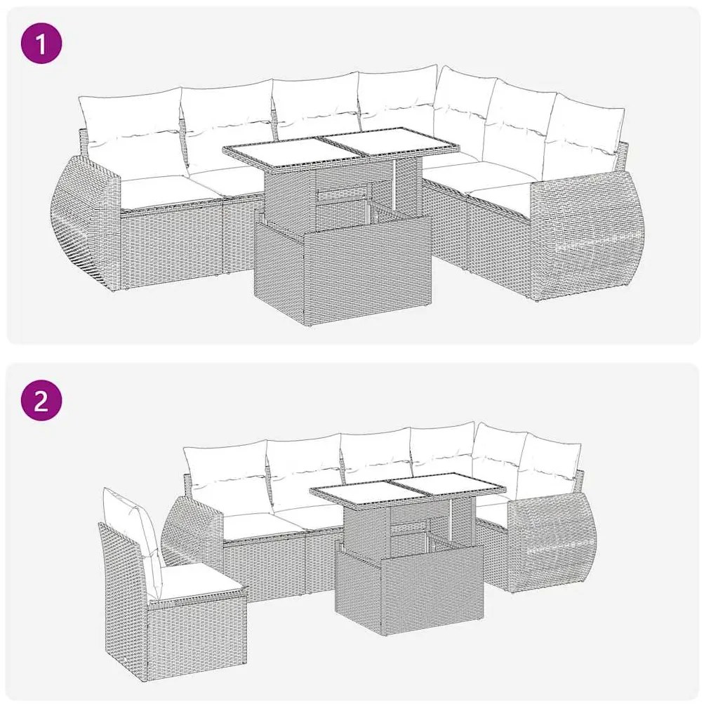 7 pcs conjunto sofás p/ jardim c/ almofadões vime PE cinzento