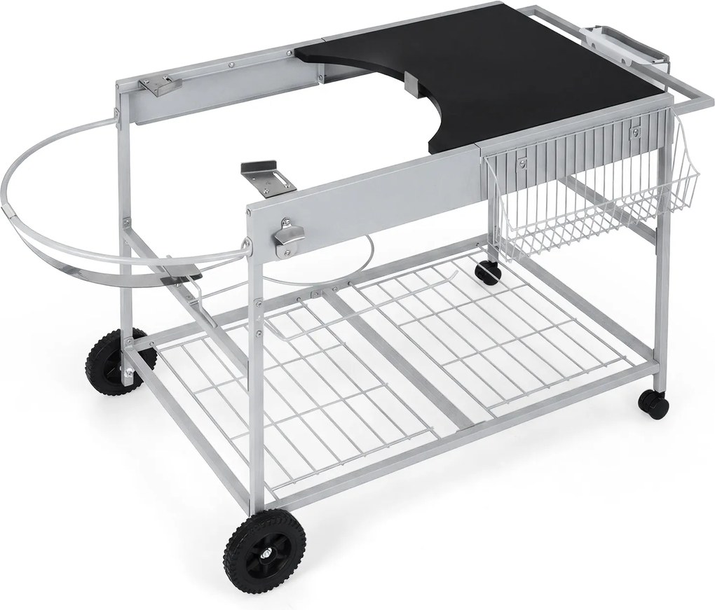 Carrinho de churrasco 141 x 62 x 80 cm para grelhadores de 18“ e 22” com bancada ampla, grelha metálica, cesto para rolos e caixote do lixo para jardi