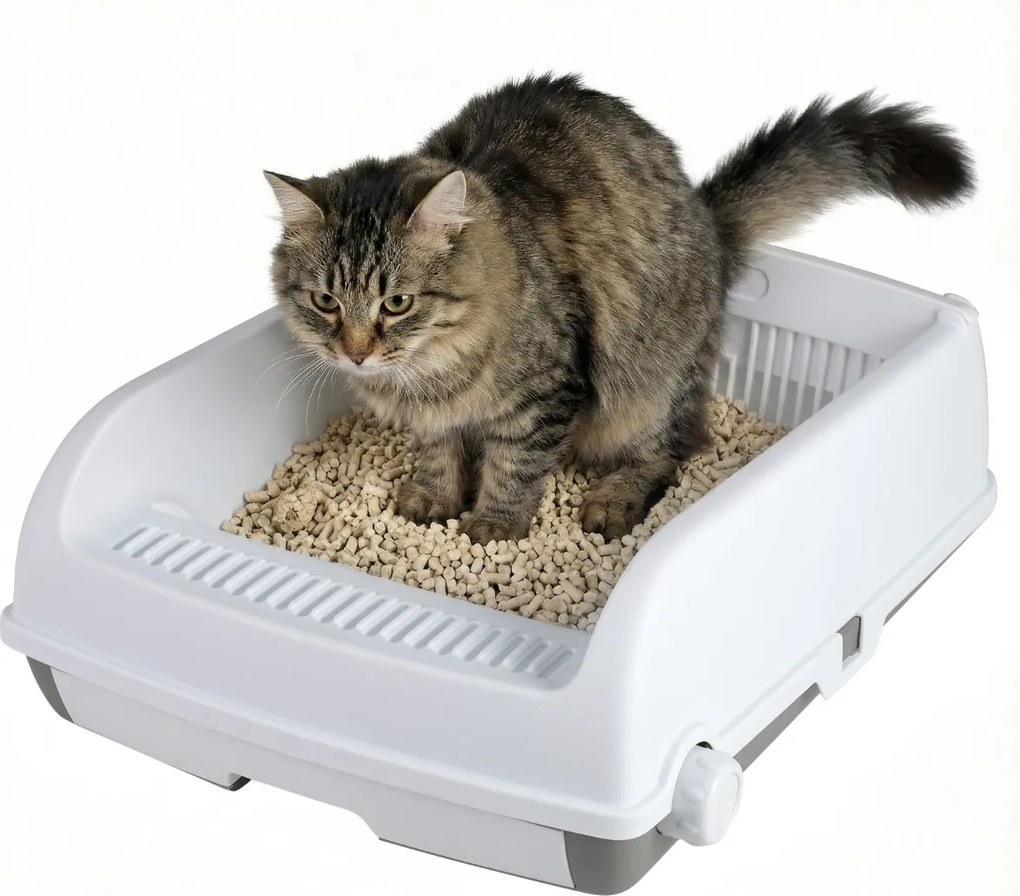 Caixa de areia semiautomática para gatos 60 x 46 x 24 cm com tampa aberta e laterais altas; banheira para gatos com tabuleiro tipo gaveta, branca