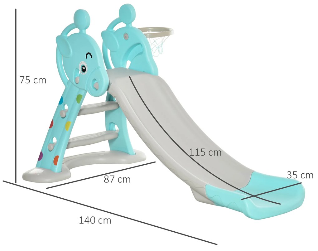 Escorrega Infantil Dobrável com Cesta de Basquetebol para Crianças acima de 18 meses Modelo Girafa para Interiores e Exteriores 140x87x75cm Azul e Cin