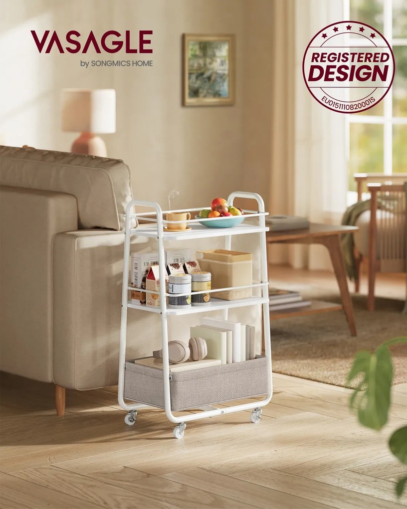 Carrinho multifuncional com 3 níveis e cesto de tecido 43 x 30 x 81 cm Branco-Castanho camelo