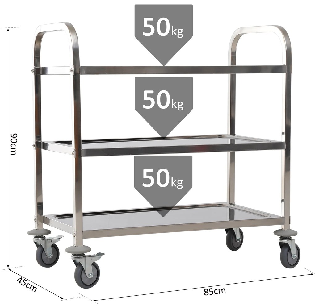 Carrinho de Cozinha Polivalente Carrinho de Apoio com Rodinhas, Prateleiras Ilha de Cozinha 3 Níveis de Carga 50kg Aço Inoxidável