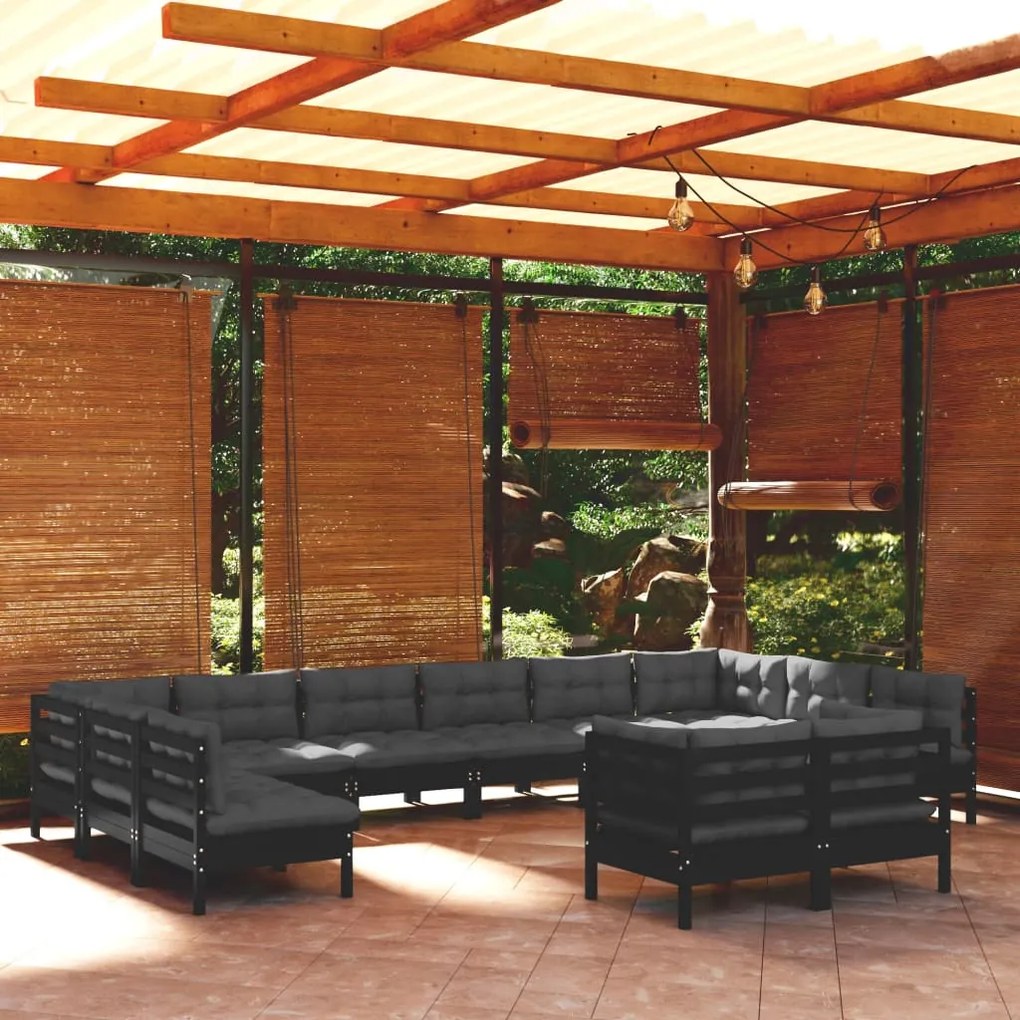 vidaXL 12 pcs conjunto lounge jardim c/ almofadões pinho maciço preto