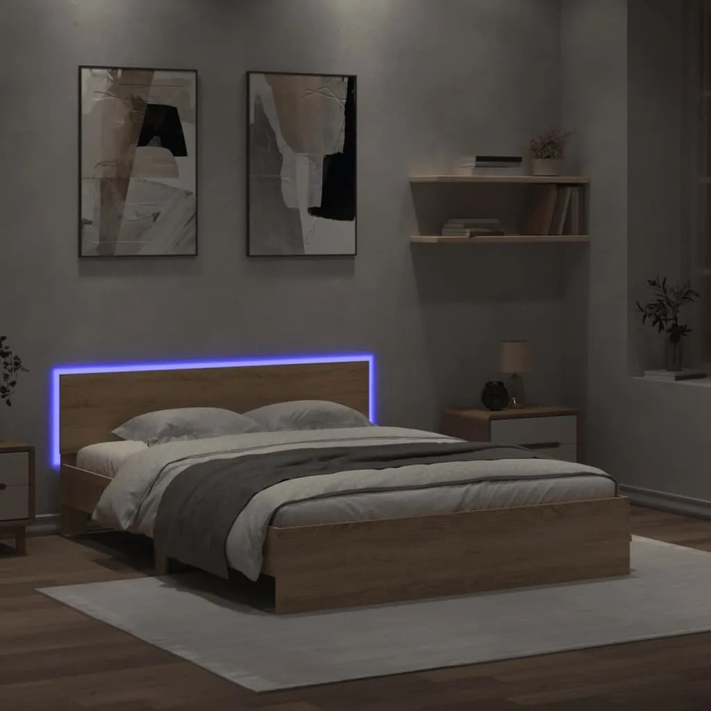 vidaXL Estrutura cama c/ cabeceira/luzes LED 160x200cm carvalho sonoma