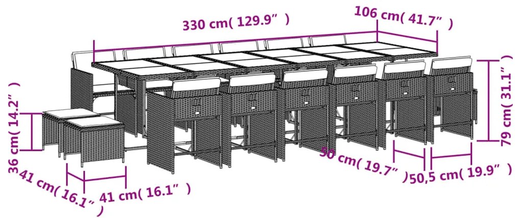 17 pcs conjunto de jantar p/ jardim c/ almofadões vime PE cinza