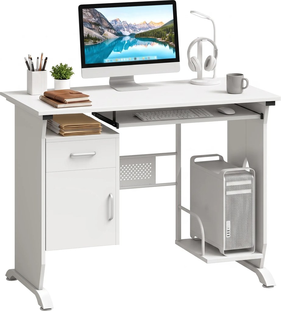 Secretária para computador, 100 x 52 x 75 cm, prateleira deslizante para teclado, gavetas e suporte para unidade central, branca