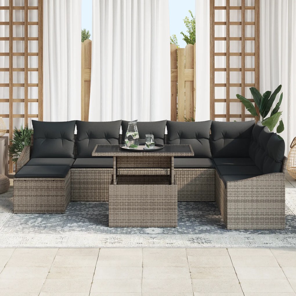 Conjunto de Sofás de Jardim de 9 Peças com Almofadas Cinza Rattan