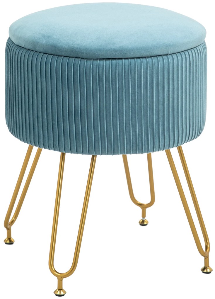 HOMCOM Puff de Armazenamento Estofado em Veludo Banco de Armazenamento com Pés de Aço Ø40x48 cm Azul Claro | Aosom Portugal