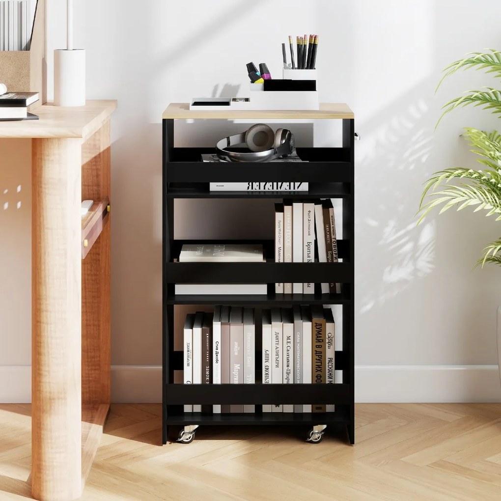 Carrinho Cozinha 47,5 x 30 x 80,5 cm de armazenamento estreito de 4 níveis com rodas e grades preto e natural