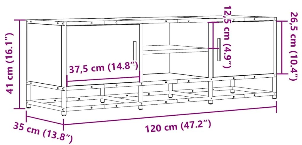 Móvel p/ TV 120x35x41cm derivados madeira/metal cinzento sonoma