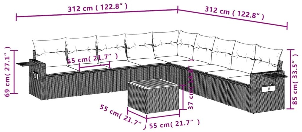 10 pcs conjunto sofás de jardim c/ almofadões vime PE cinzento