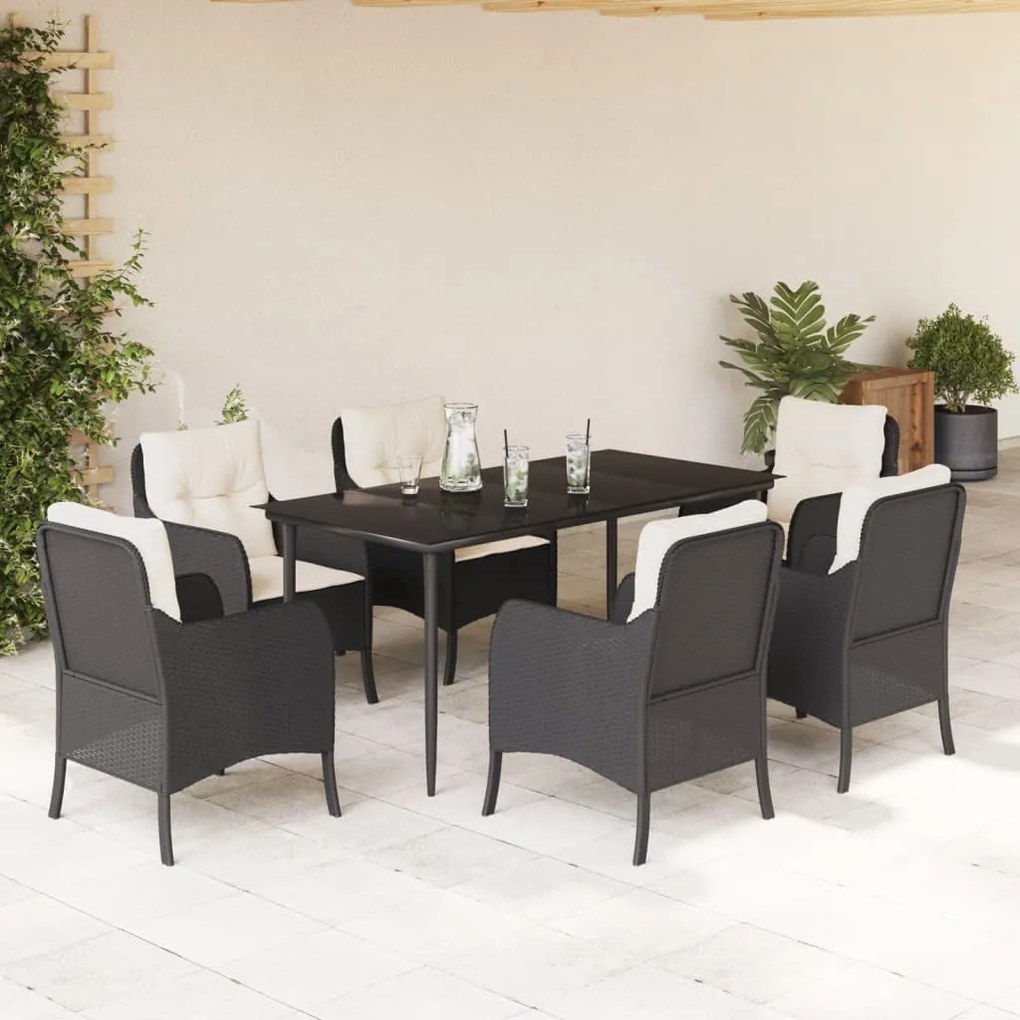 7 pcs conjunto de jantar p/ jardim c/ almofadões vime PE preto