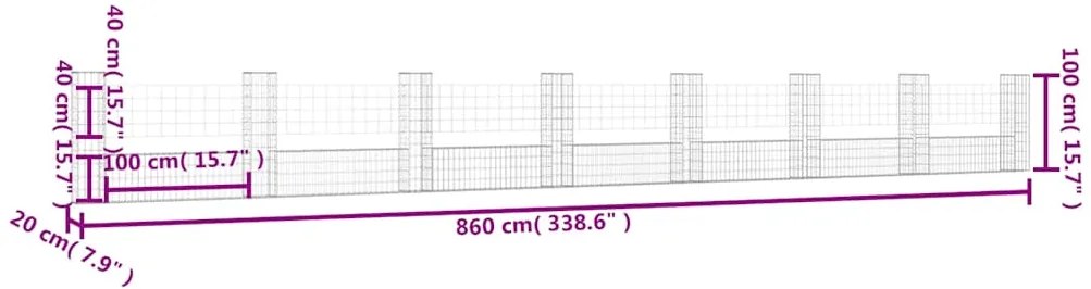Cesto gabião em forma de U c/ 8 postes 860x20x100 cm ferro