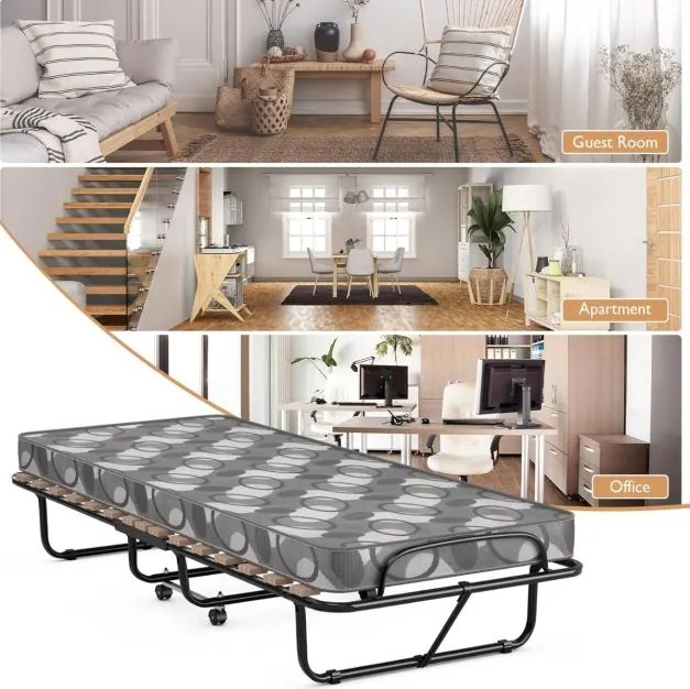 Cama dobrável individual com colchão 80 x 190 cm, estrutura metálica e 4 rodas, capacidade de carga de 130 kg para hóspedes, cinza