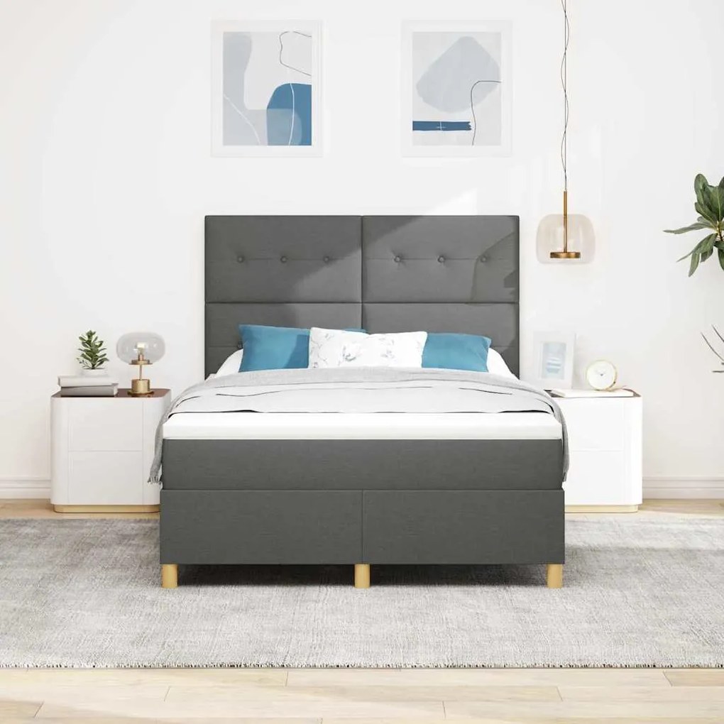 Cama Box Spring com Colchão &amp; LED Cinza Escuro 140x200 cm Tecido