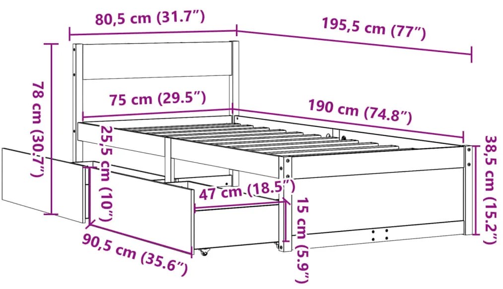 Cama sem colchão 75x190 cm madeira de pinho maciça castanho-mel