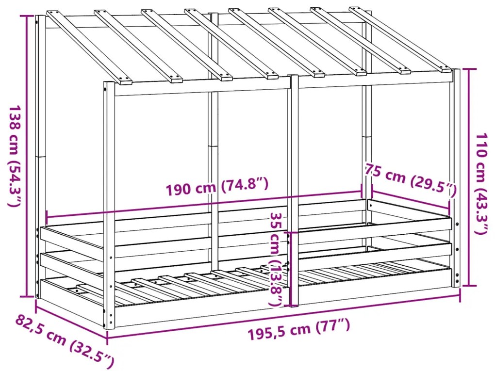 Cama infantil com telhado 75x190 cm pinho maciço branco