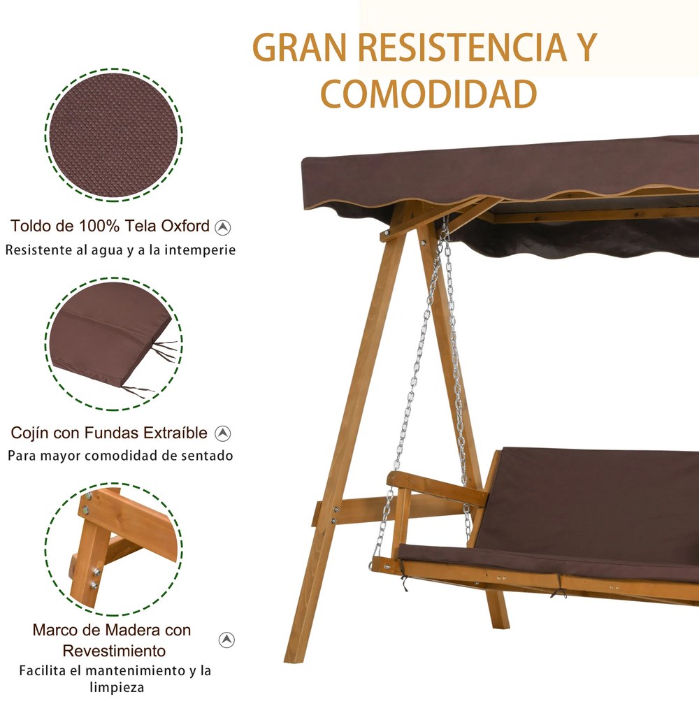Outsunny Balanço de jardim de madeira para 3 lugares com almofada e encosto acolchoado removível e Ângulo do toldo e altura de assento ajustável ao ar livre 205x130x185 cm marrom