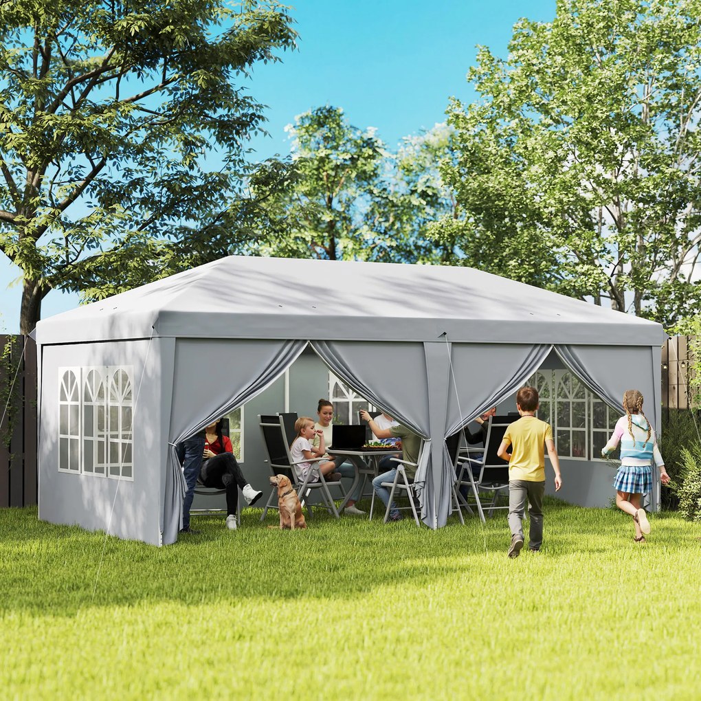 Tenda dobrável tipo barnum pop-up 6 x 3 x 2,7 m, 4 paredes laterais amovíveis, 4 janelas, saco de transporte cinzento claro