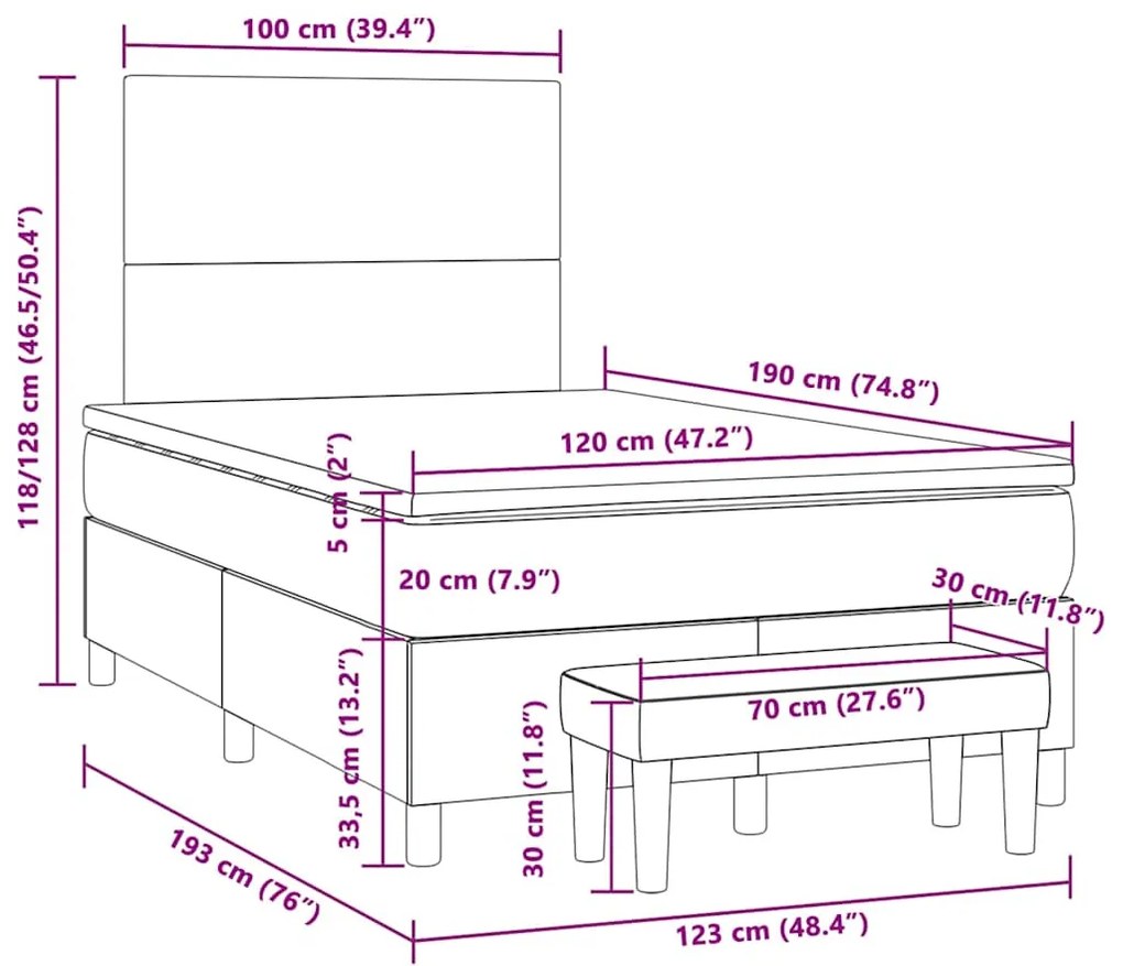 Cama boxspring com colchão 120x190 cm tecido cinzento-claro