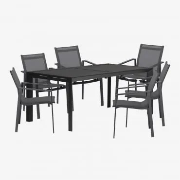 Conjunto De Mesa Extensível Retangular Starmi, 180-240x100 Cm, Feito De Alumínio E 6 Cadeiras De Jardim Eika. Cinza Grafito - Sklum