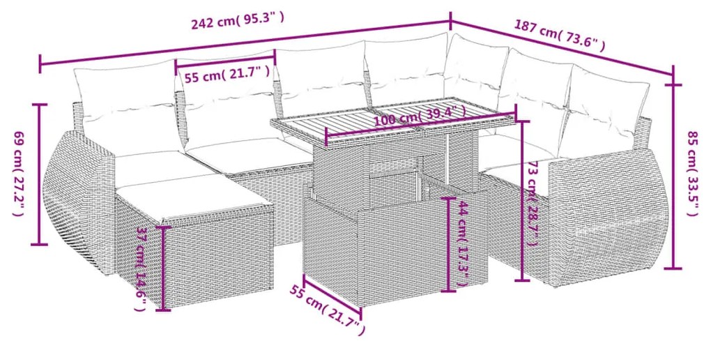 8 pcs conjunto sofás de jardim c/ almofadões vime PE cinzento