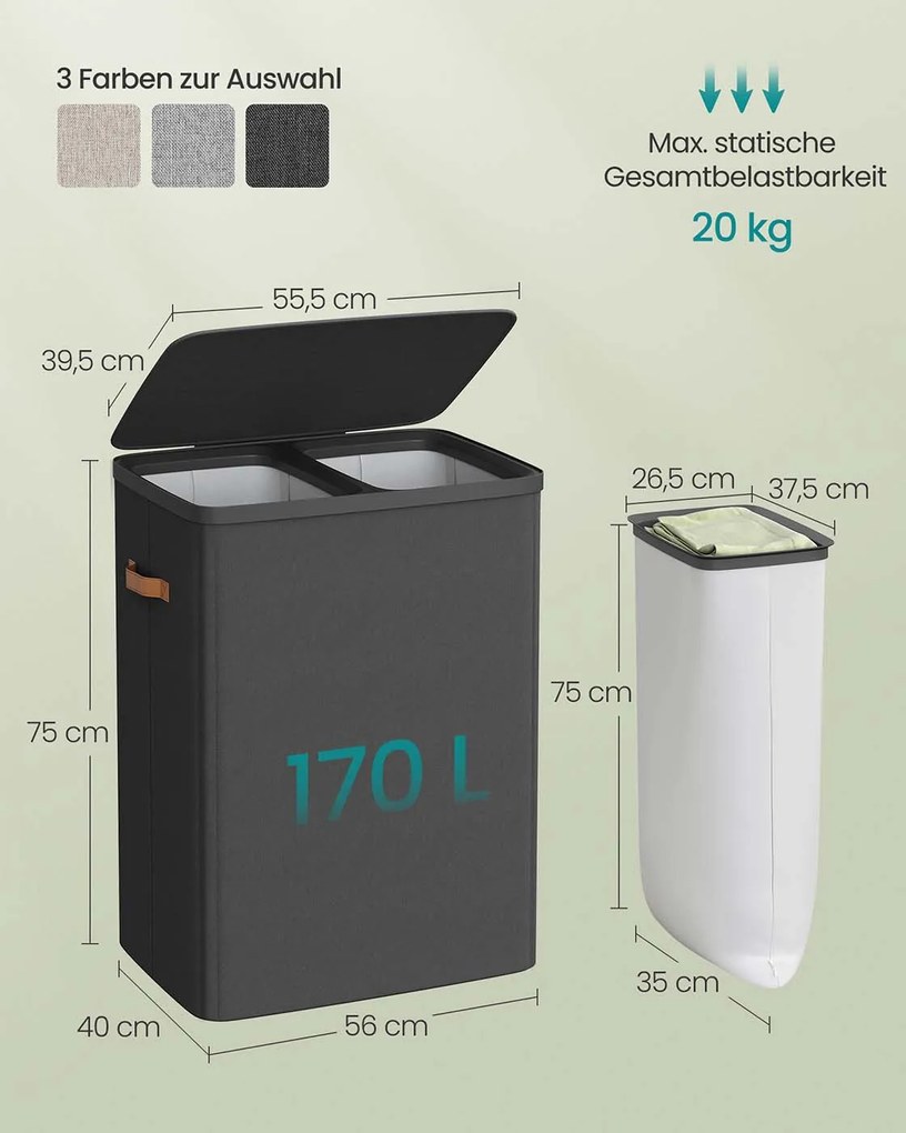 Cesto para roupa suja 170 L com 2 compartimentos 56 x 40 x 75 cm Preto