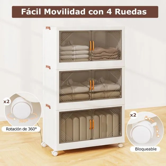 Caixas de armazenamento 213 L com tampa 3 Caixas empilháveis com rodas e portas Organizador dobrável para quarto Branco + Castanho