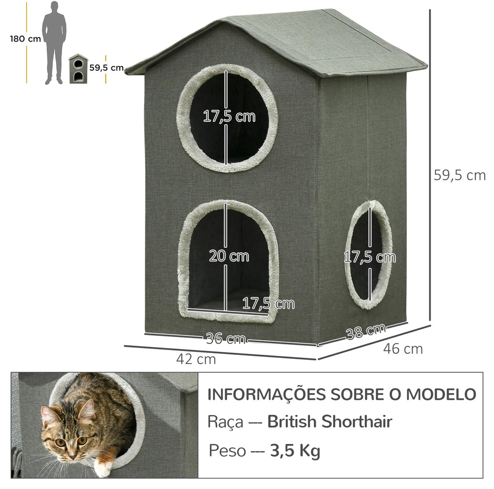 Casa para Gatos de 2 Níveis Cama para Gatos Caverna para Gatos com 3 Portas e Almofadas Laváveis 42x46x59,5 cm Cinza