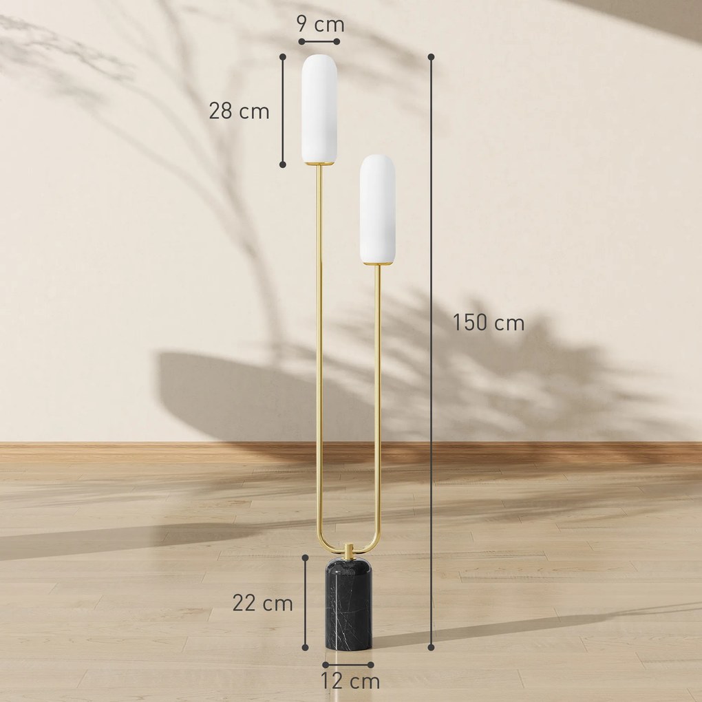 Candeeiro de pé para sala de estar com 2 abajures de vidro, base em mármore e interruptor de pé, branco
