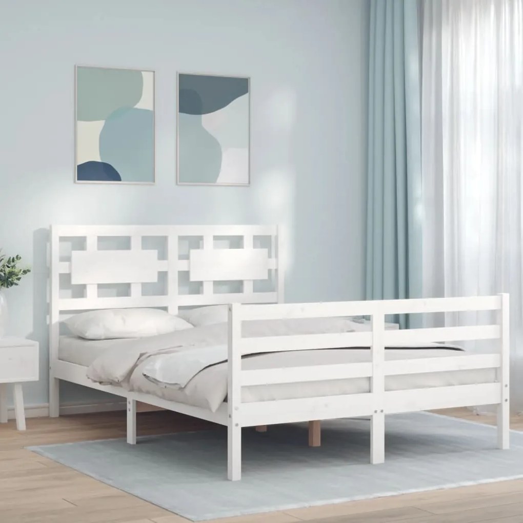vidaXL Estrutura de cama de casal c/ cabeceira madeira maciça branco