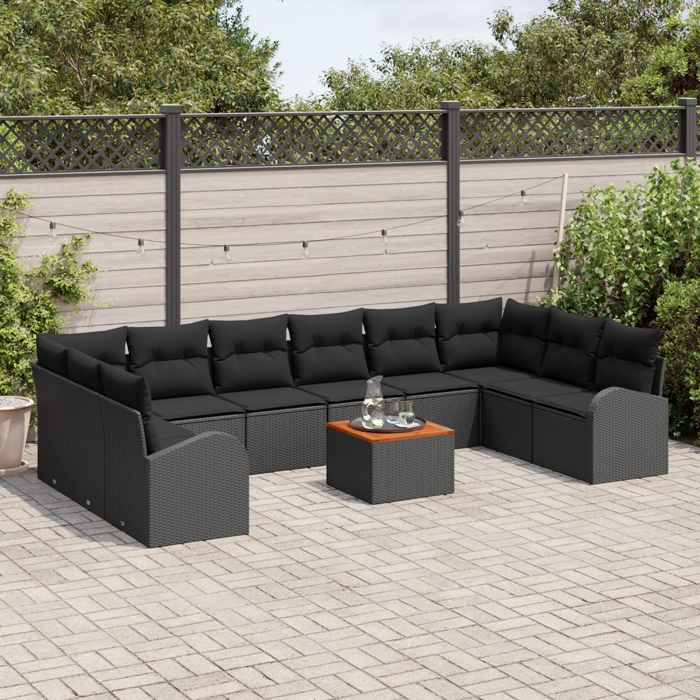 Conjunto de Sofás Jardim 11 Peças com Almofadas Preto Rattan Poliéster