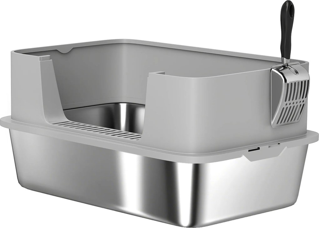 PawHut Caixa de Areia para Gatos em Aço Inoxidável XL Caixa de Areia para Gatos com Borda Alta e Pá 60x40x29,5 cm Cinzento | Aosom Portugal