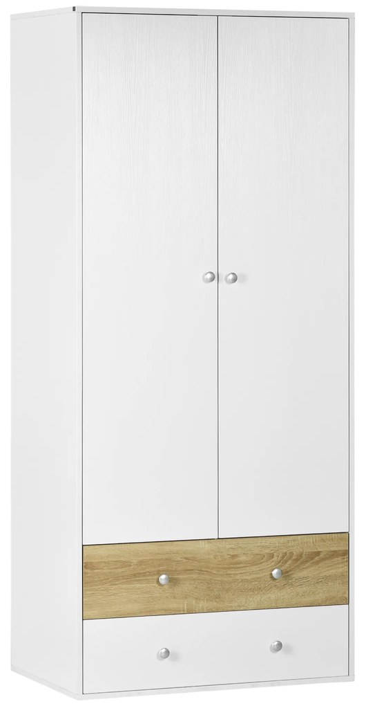 HOMCOM Roupeiro de Madeira Armário para Roupas com 2 Portas 2 Gavetas e 1 Barra para Pendurar 80x50x180 cm Branco e Carvalho | Aosom Portugal