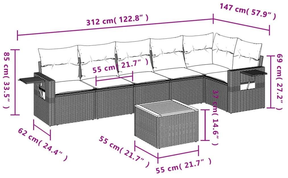 7 pcs conjunto de sofás p/ jardim c/ almofadões vime PE preto